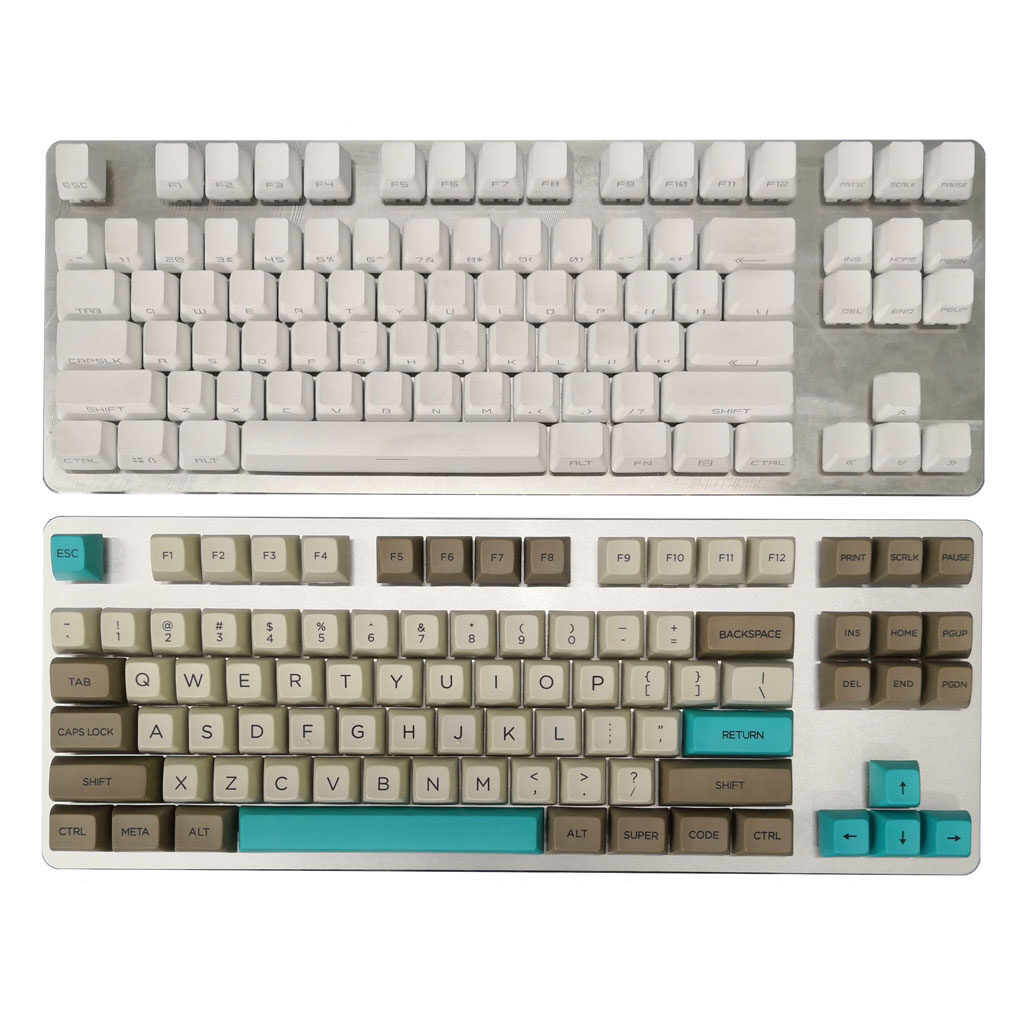 Two views of a keyboard: bare case with white keycaps above and a version with grey, beige and teal keycaps below.