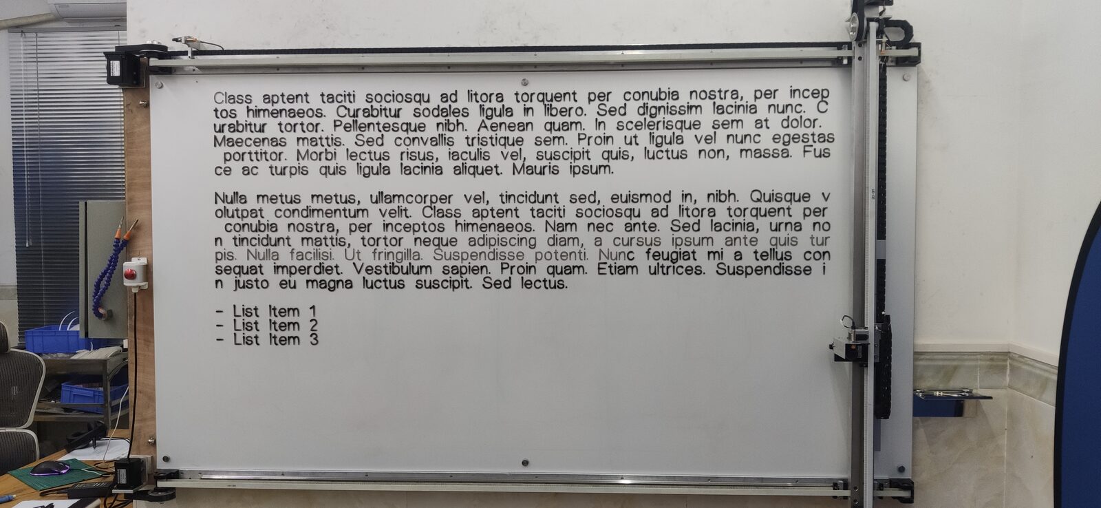 Whiteboard with a plotter and a block of small black text, with a short list below it.